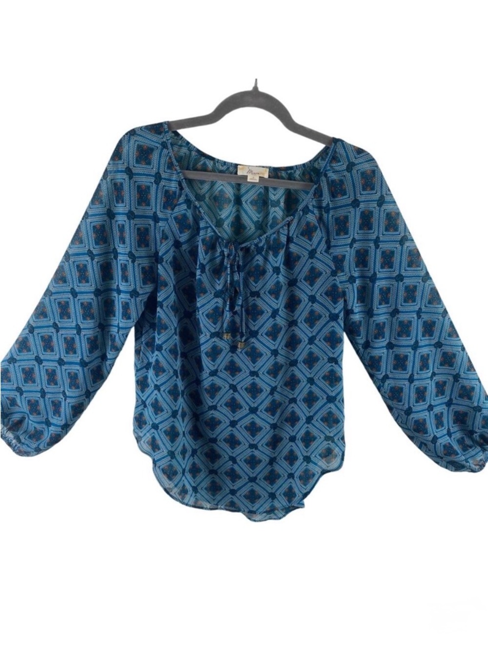Misia Round Neck‎ 3/4 Sleeve Diamond Pattern Lightweight Blouse Tasseled Size SM